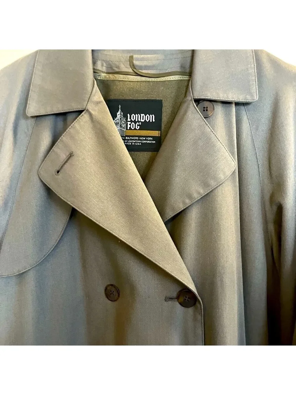 London Fog Light Olive Tan Trench Coat Zip Removable Lining Double Breasted 10P